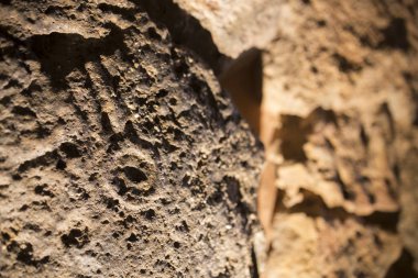 Trigueros, İspanya - 2 Temmuz 2018: Dolmen de Soto iç gravür. Huelva, İspanya eyaletinde en büyük bir megalitik anıt