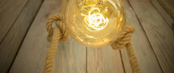 Rope Light Bulb Weathered Wooden Background Low Angle View — Stock Photo, Image