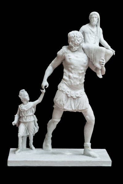 Merida, Spain - September 4th, 2018: Aeneas sculptorical group. Resin 3d reconstruction. National Museum of Roman Art in Merida, Spain