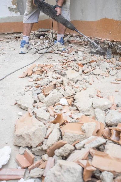 Construction Worker Removing Burr Skirting Board Wall Jackhammer Tool Floor — Stock Photo, Image
