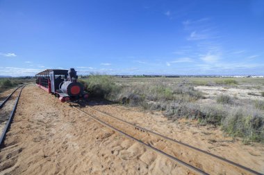 Mini tren Barril plajda anakaradan ziyaretçilere plaja Tavira, Portekiz taşımaları