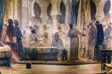 Cordoba, Spain - 2018, Sept 8th: Abd-ar-Rahman III and his court in Medina Azahara receiving, by Dionisio Baixeras.Calahorra Tower Museum, Cordoba, Spain clipart