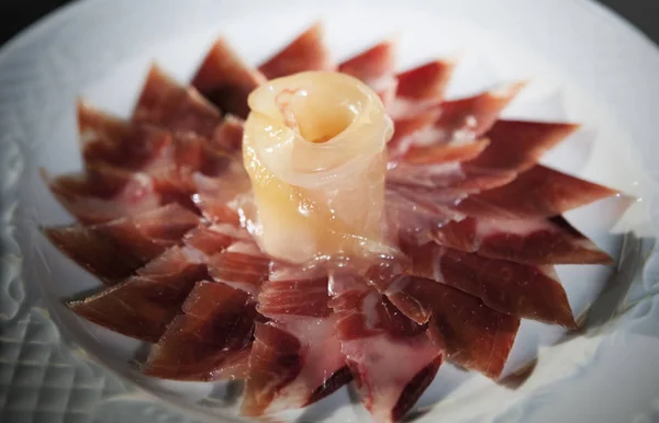 Floral Decorative Arrangement Iberian Cured Ham Plate Selective Focus Point — Stock Photo, Image