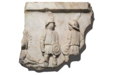 Merida, İspanya - 20 Aralık 2017: gladyatör mücadele, Ulusal Roman Sanat Müzesi Merida, İspanya için poz gösteren kabartma