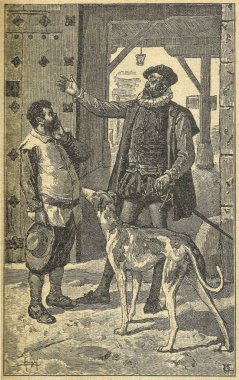 Badajoz, İspanya - DIC 15, 2018: Don Kişot roman sahne. Saturnino Calleja Edition örnek 1916 yılında yayınlandı. Don Kişot Sancho Panza esquire olarak nişanlı