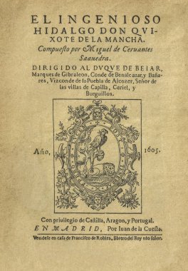 Badajoz, Spain - Dic 15th, 2018: Title page of the first edition of Don Quixote novel by Miguel de Cervantes published in 1605 clipart