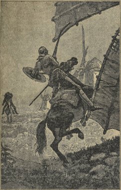 Badajoz, İspanya - DIC 15, 2018: Don Kişot roman sahne. S. Calleja Edition örnek 1916 yılında yayınlandı. Yel değirmenleri serüveni