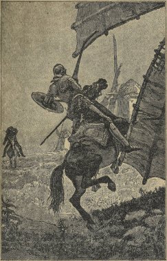 Badajoz, Spain - Dic 15th, 2018: Don Quixote novel scene. Illustration from S. Calleja Edition published in 1916. Adventure of the windmills clipart