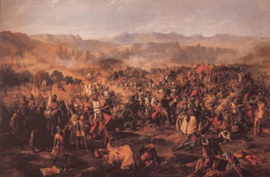 Badajoz, İspanya - DIC 19, 2018: 1212, Las Navas de Tolosa savaş sahnesi Van Halen, üreme Luis de Morales Müzesi, Badajoz tarafından boyalı. Orijinal oyun Senato Sarayı, Madrid. İspanya