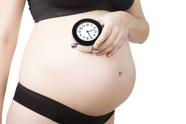 Month Pregnant Woman Sport Underwear Holding Alarm Clock Waiting Birth — Stock Photo, Image