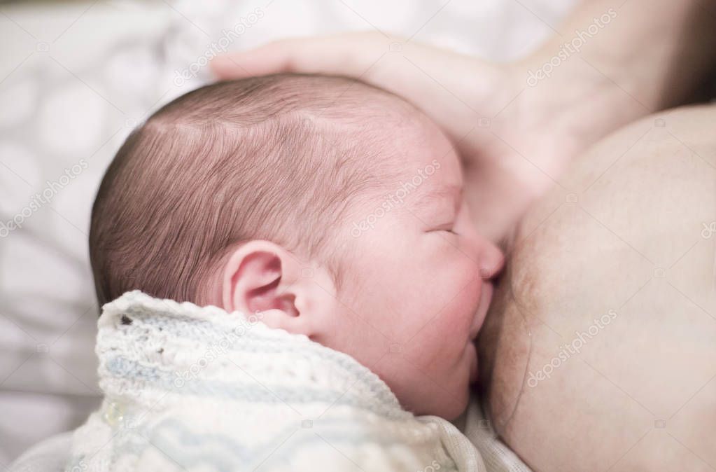 Young mother breastfeeding with nipple shield. She holds her newborn baby head