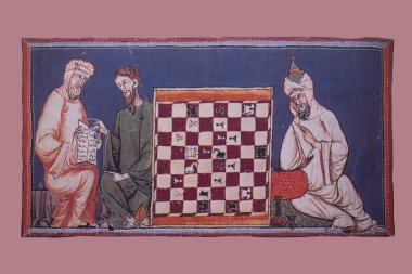 Badajoz, İspanya - DIC 19, 2018: satranç oyunu oyuncularla, Hıristiyan ve Müslümanların tasvir minyatür Alphonse X oyunları defterine bilge aitti. Üreme Luis de Morales Müzesi, Badajoz