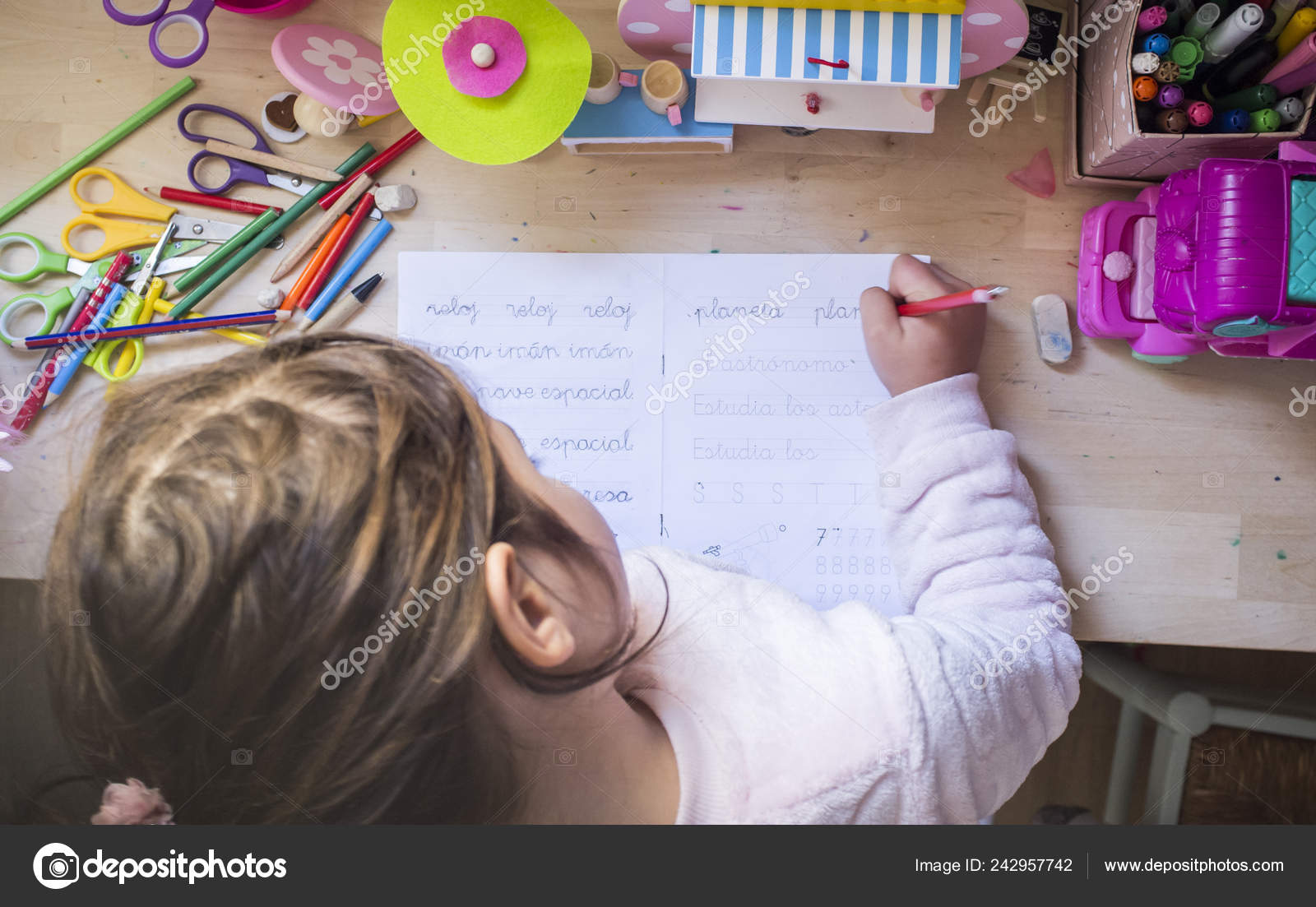 Years Old Child Girl Doing Writing Homework Her Room Kids Stock