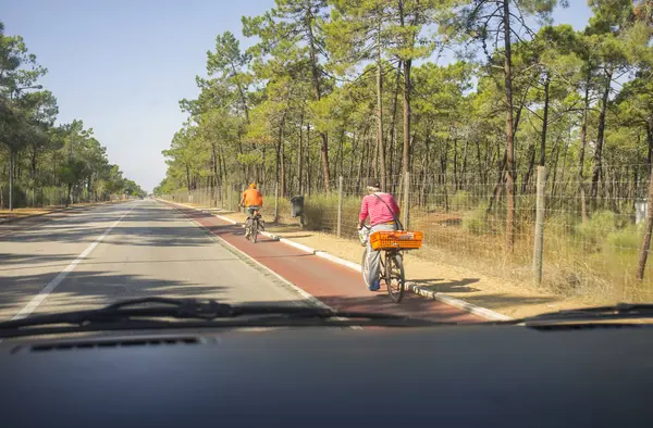 Conducir Con Cuidado Con Los Ciclistas Senior Carril Bici Carretera — Foto de Stock