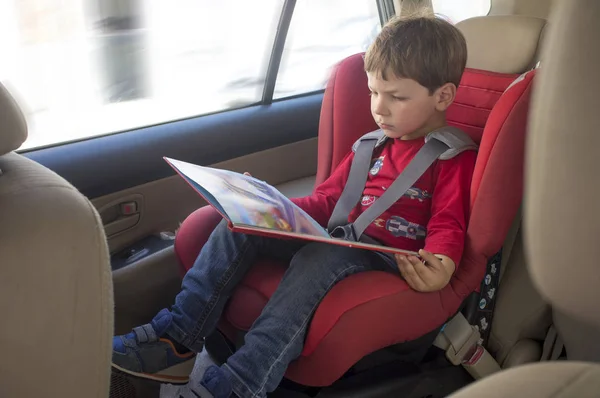 Toddler boy reading book in child car seat