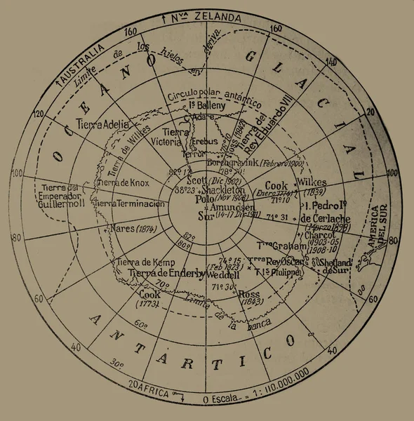 Vecchia mappa dell'esplorazione antartica, 1950 — Foto Stock