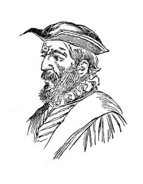 Badajoz, İspanya - 7 Ocak 2019: Vicente Yanez Pinzon Portrait, İspanyol gemi yapımcısı ve kaşif. Dalmau Carles tarafından 1954 yılında yayınlanan Enciclopedia Autodidactica adlı kitaptan draw