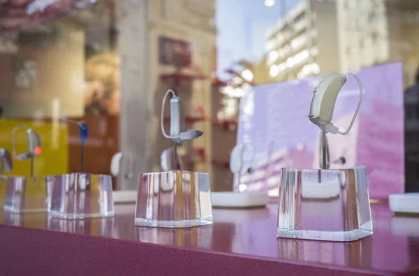 Modern Hearing aid devices displayed at shop