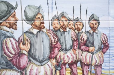 Badajoz, İspanya - 24 Nisan 2019: Hernan Cortes 16. Aztek İmparatorluğu'nun fethi sahnesi. Sırlı fayans duvar