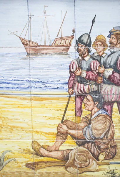 Hernan cortes spanischer soldaten und schiff aus dem 16. jahrhundert — Stockfoto