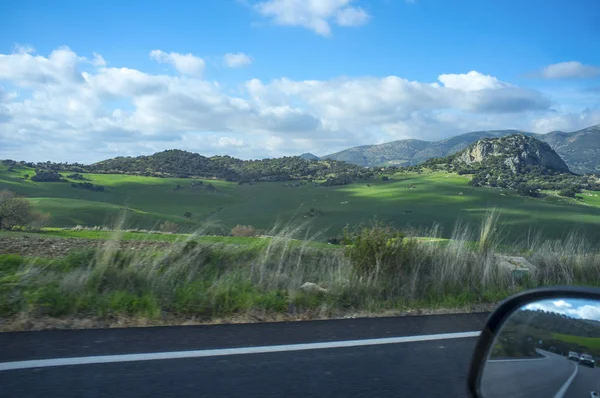 Guidare attraverso i campi di grano verde della contea di Antequera, Malaga , — Foto Stock