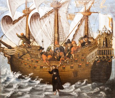 St. Francis Xavier 'den Carrack Santa Cruz mucizesi tuzlu suyu 17. yüzyılda tatlı sulara dönüştürdü. Donanma Müzesi, Lizbon, Portekiz