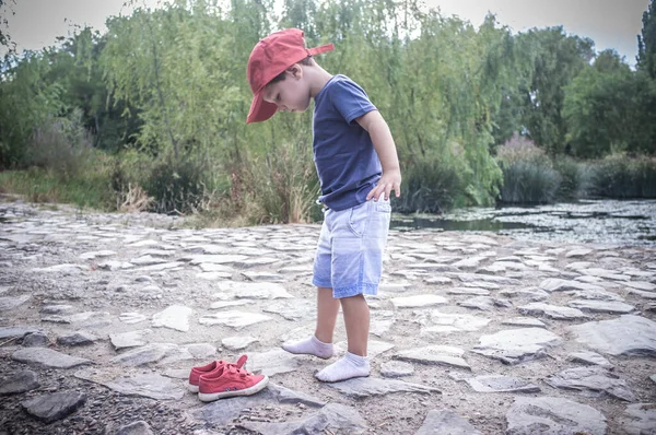 Little Boy Feel His Feet Wet Walking Brook Discovering Nature — Stock Photo, Image