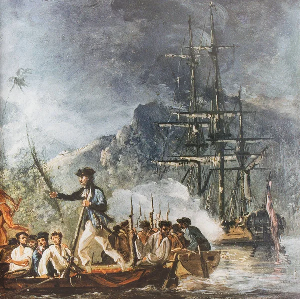 詹姆斯 库克在Tanna登陆 一个新赫布里底人 国家海事博物馆威廉 霍奇斯的油画 — 图库照片