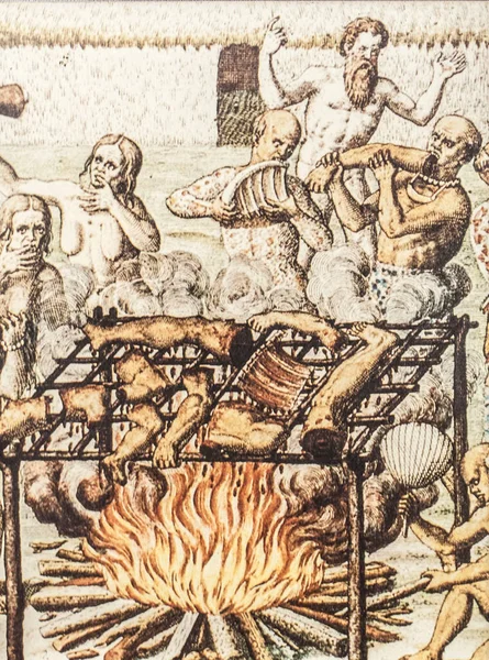 Canibalismo Brasil Gravura Theodor Bry Para Ilustrar Relato Hans Staden — Fotografia de Stock