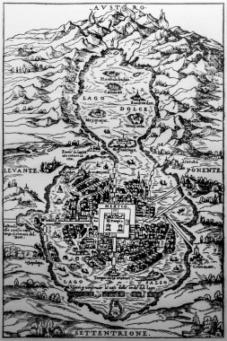 Mexico City 'nin ilk Planı; Ramusio Navigatione et viaggi play' den eski Tenochtitlan. Amerika Müzesi 'nde temsilcilik; Madrid