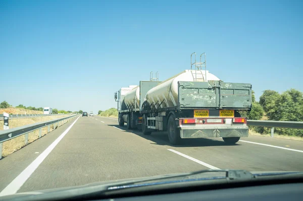 Driving Double Trailer Loading Tanks Divided Highway Road View Car — Stock Photo, Image