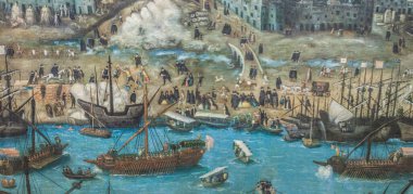 Seville 16. yüzyılda, Altın Koloni Çağı 'nda. Üç kadırganın ayrıntıları. Ressam Alonso Sanchez Coello, Amerika Müzesi, Madrid, İspanya