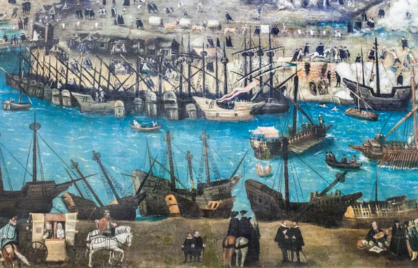 塞维利亚在16世纪 金殖民时代 散兵坑和港口细节 阿隆索 桑切斯 科洛美洲博物馆 西班牙马德里 — 图库照片