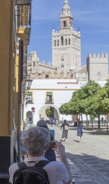 Elder Tourist Woman Taking Pictures Giralda Alcazar Courtyard Seville Andalusia — Stock Photo, Image