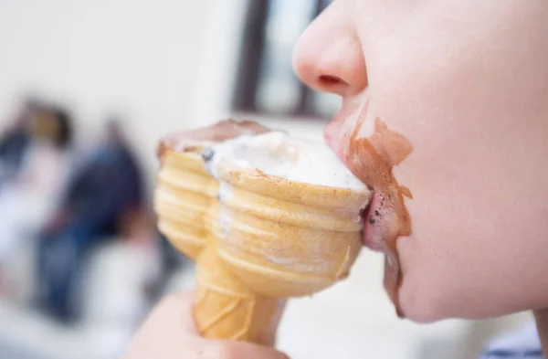 Years Old Little Licking Twin Cone Ice Cream Selective Focus — Stock Photo, Image