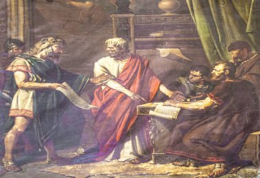 Ölüm cezasının Seneca 'ya bildirilmesi. Jose Maria Rodriguez Losada tarafından yapılmış. Ayrıntılar. Gerçek Circulo de la Amistad de Cordoba, İspanya. Lucius Annaeus Seneca, Hispano-Roma Stok Filozofu