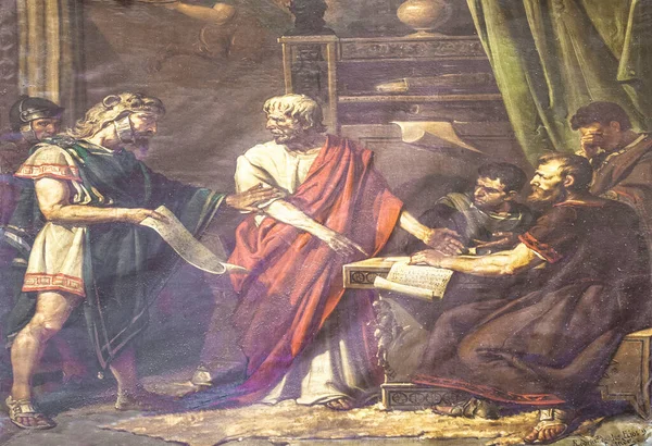 Ölüm cezasının Seneca 'ya bildirilmesi. Jose Maria Rodriguez Losada tarafından yapılmış. Ayrıntılar. Gerçek Circulo de la Amistad de Cordoba, İspanya. Lucius Annaeus Seneca, Hispano-Roma Stok Filozofu