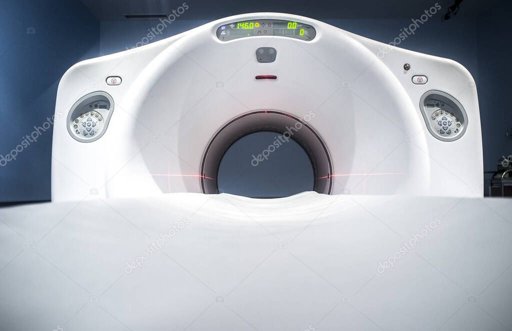 PET CT Machine round hole and bed. Positron emission tomography computed tomography. Soft noise at 100%