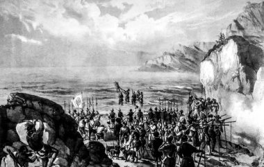 Vasco Nunez de Balboa, Güney Denizi 'nin sahibi olduğunu iddia ediyor. 19. yüzyıl gravürü. Bilinmeyen sanatçı