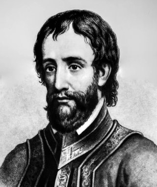 Hernando de Soto portresi. 19. yüzyıl gravürü. Mississippi Nehri 'ni geçtiği belgelenen ilk Avrupalı.