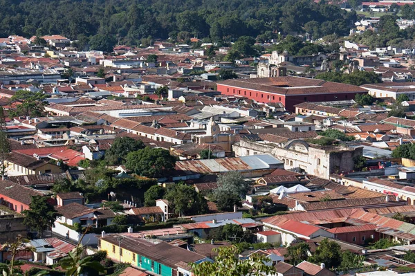 Antigua Guatemala Központ Napsütéses Napon Felülről Utcára Néző — Stock Fotó