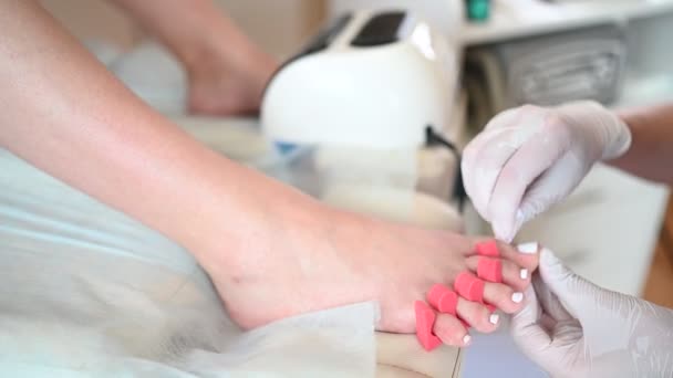 Pedicurist doing white nail polish on client legs using shellac lamp and toe finger separator. Professional medical pedicure procedure. Foot treatment in SPA salon. Podiatry clinic. Hands in gloves. — Stock Video