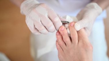 Tırnak makasıyla profesyonel tıbbi pedikür prosedürü. Hasta ayak hastalıkları uzmanını ziyaret ediyor. SPA salonunda ayak tedavisi. Ayak hastalıkları kliniği. Beyaz eldivenli pedikür elleri.