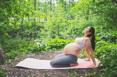 Güzel, genç, hamile bir kadın parkta yoga yapıyor. Pembe yoga minderinde oturup dinleniyorum. Aktif anne spor yaşam tarzı. Sağlıklı hamilelik kavramı.