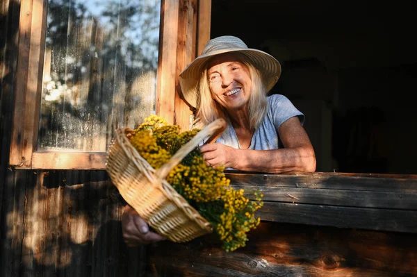 Feliz Sonriente Anciana Divirtiéndose Posando Junto Una Ventana Abierta Rústica —  Fotos de Stock