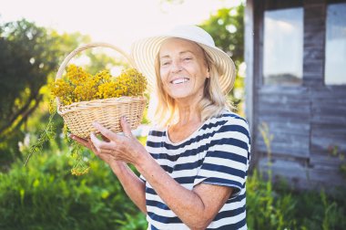 Hasır şapkalı mutlu yaşlı kadın yaz bahçesinde elinde çiçeklerle poz verirken eğleniyor. Çiftçilik, bahçıvanlık, tarım, emekli yaşlılar. Çiftlikte organik bitkiler yetiştiriyor.. 