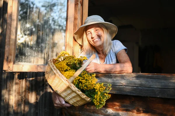 Feliz Sonriente Anciana Divirtiéndose Posando Junto Una Ventana Abierta Rústica —  Fotos de Stock