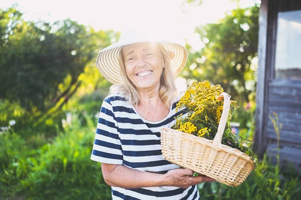 모자를 바구니에 정원에서 재미있게 포즈를 취하는 행복하게 미소짓는다 정원가꾸기 노인들 — 스톡 사진