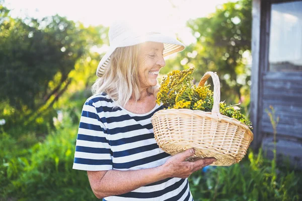 모자를 바구니에 정원에서 재미있게 포즈를 취하는 행복하게 미소짓는다 정원가꾸기 노인들 — 스톡 사진