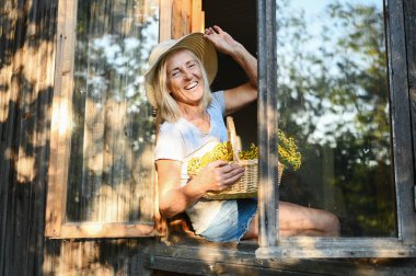 Mutlu gülümseyen yaşlı kadın kırsal kesimdeki ahşap köy evinde çiçek sepetli, açık pencerede poz verirken eğleniyor. Emekli yaşlılar konsepti. Kır evinde karantina